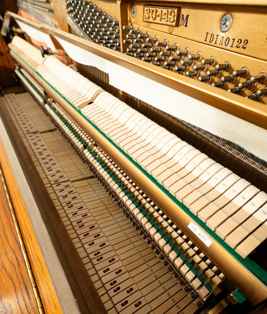 Used Samick SU-143 Upright Piano | Satin Oak – Alamo Piano Galleries