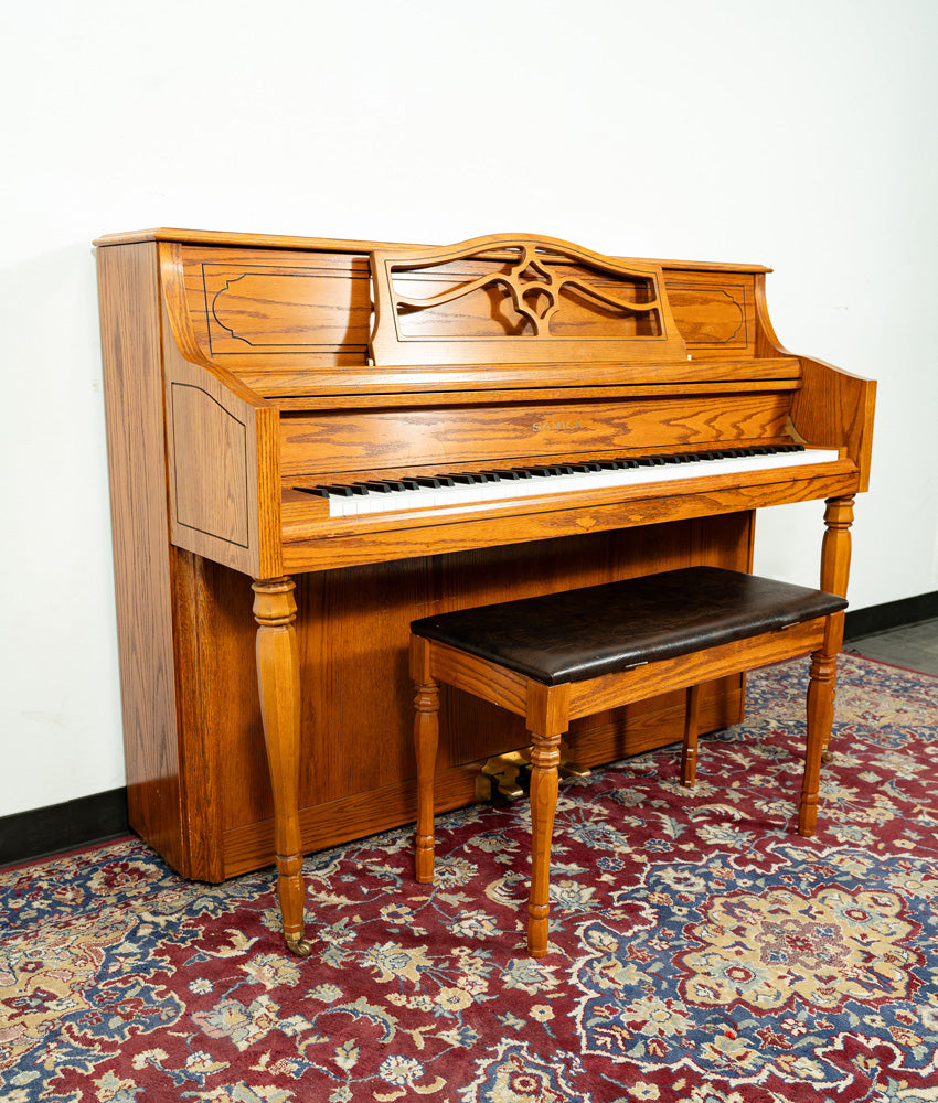 Used Samick SU-143 Upright Piano | Satin Oak – Alamo Piano Galleries