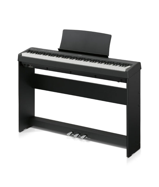 A Kawai ES 110 Digital Piano in black, featuring 88 grade-weighted keys and a modern design.